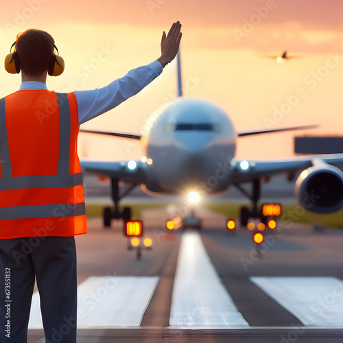 a marshall guiding an airplane down the runway. Generative AI photo