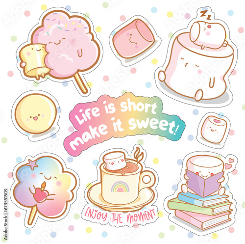 Marshmallow and candy floss cute vector illustration. Kawaii characters for print, sticker, badge and postcard. Text: Life is short make it sweet