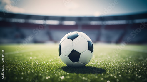 Soccer ball on empty football stadium, bokeh background, copy space for text © Mrt