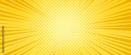 Yellow radial dotted comic background. Speed lines wallpaper with pop art halftone texture. Anime cartoon rays explosion backdrop for poster, banner, print, magazine, cover. Vector illustration