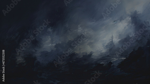 a painting of a dark forest with a plane flying in the sky. Expressive Indigo oil painting background