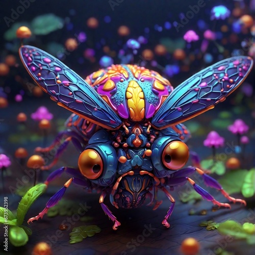 Explore an enchanting, microscopic realm where a cute bug transforms into an otherworldly creature, resembling intricate molecular structures in vibrant colors and intricate patterns