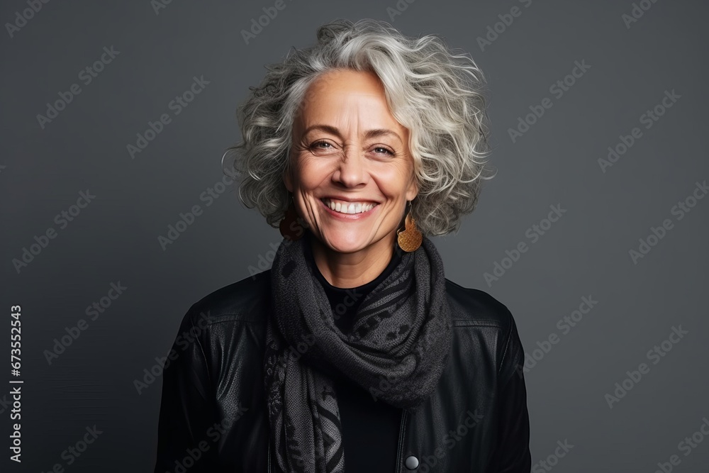 Portrait of a smiling senior woman with grey hair wearing a black leather jacket and scarf.