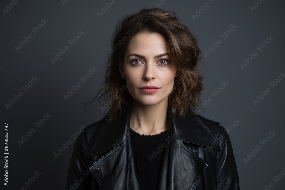 Portrait of a beautiful young woman in a leather jacket on a dark background
