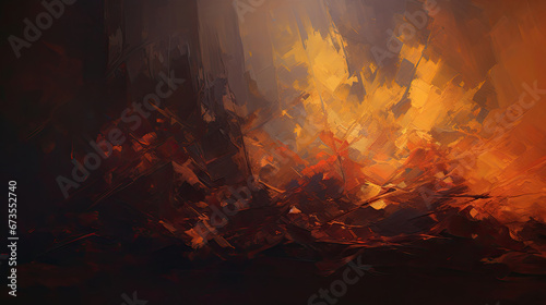 a painting of a fire in the middle of a forest. Expressive Amber color oil painting background photo