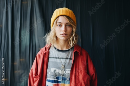 Portrait of a beautiful young woman in a red coat and yellow hat
