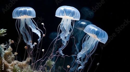 Moon jellyfish (Aurelia aurita) in an aquarium.