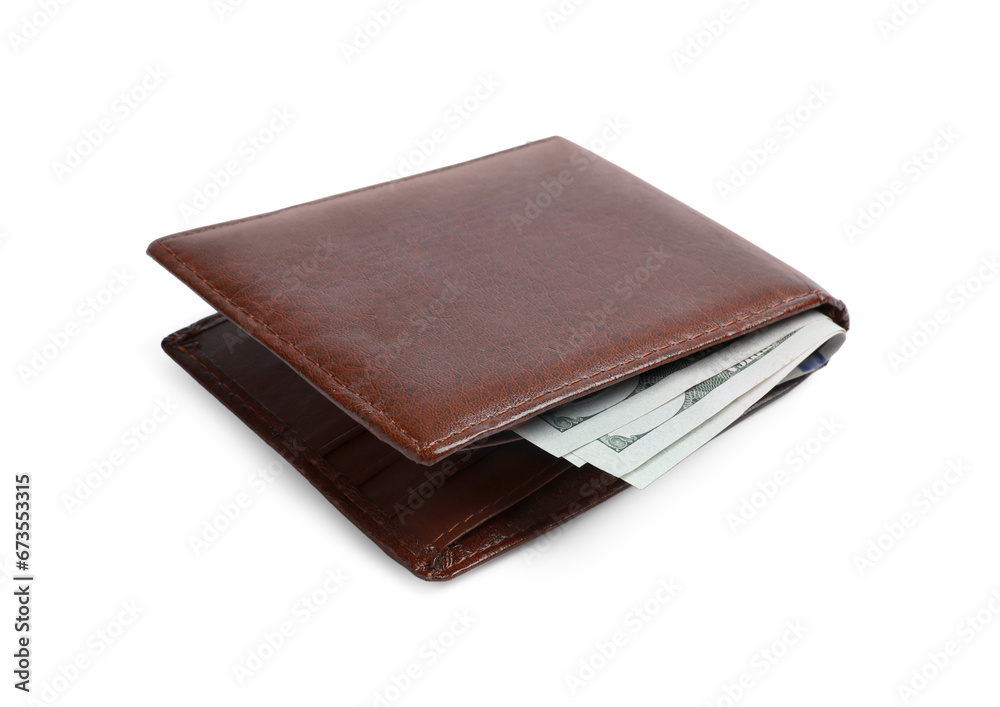Stylish brown leather wallet with dollar banknotes on white background Stylish brown leather wallet with dollar banknotes on white background