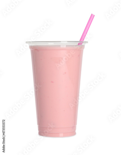 Plastic cup of tasty smoothie isolated on white