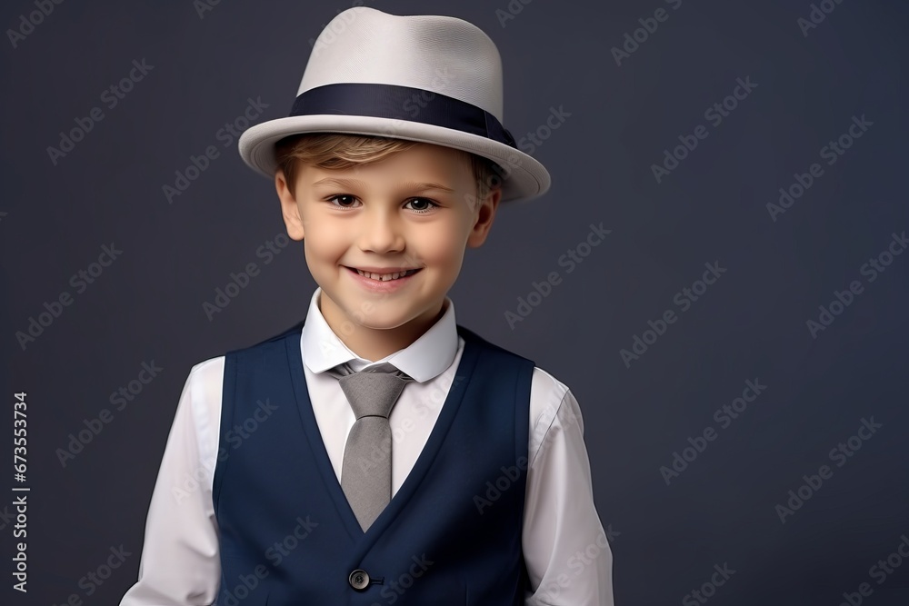 Portrait of a smiling boy in a white cylinder hat and suit. Portrait of a smiling boy in a white cylinder hat and suit.