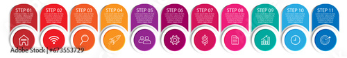Business Infographic Design Template. minimal Timeline design with 11 steps, 
options and marketing icons. Vector linear infographic with eleven circle connected elements. 
Can be used for your presen