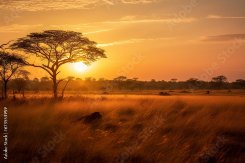 AI generated illustration of a field of golden grass at sunset, illuminated by the last rays