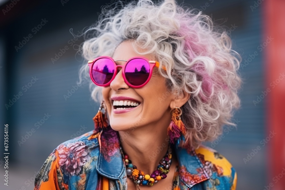 Portrait of a beautiful senior woman with pink sunglasses and curly hair Portrait of a beautiful senior woman with pink sunglasses and curly hair