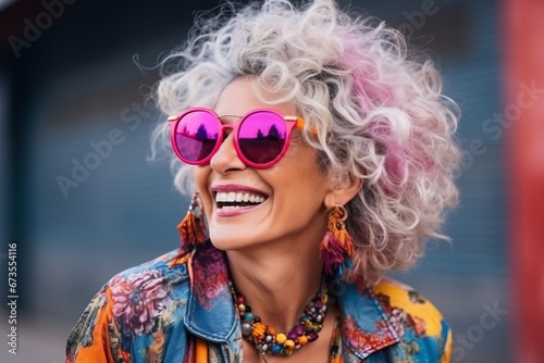 Portrait of a beautiful senior woman with pink sunglasses and curly hair