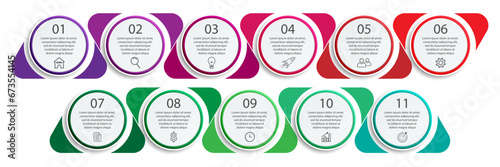 Business Infographic Design Template. minimal Timeline design with 11 steps, 
options and marketing icons. Vector linear infographic with eleven circle connected elements. 
Can be used for your presen
