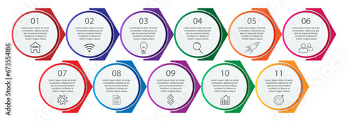 Business Infographic Design Template. minimal Timeline design with 11 steps, 
options and marketing icons. Vector linear infographic with eleven circle connected elements. 
Can be used for your presen