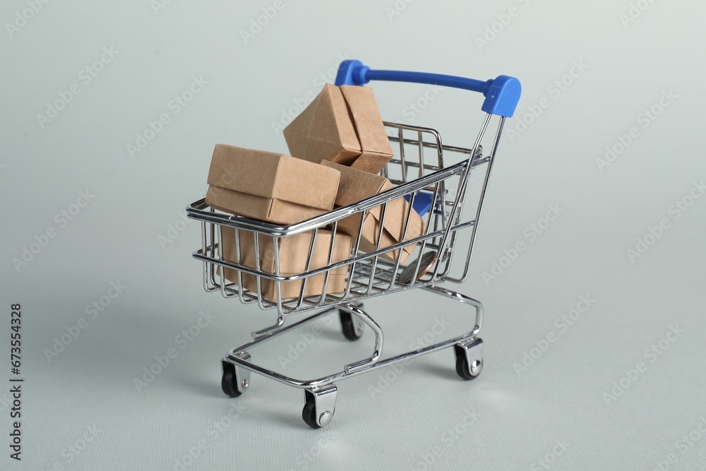 Small metal shopping cart with cardboard boxes on light background