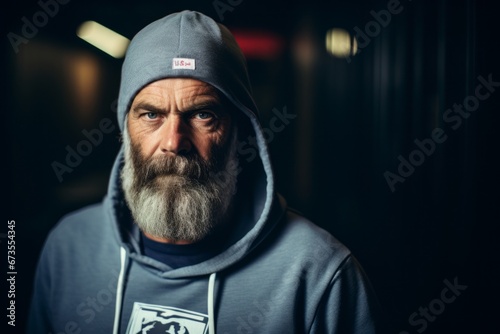 Portrait of a bearded man with a gray beard in a gray hoodie and a baseball cap in the dark