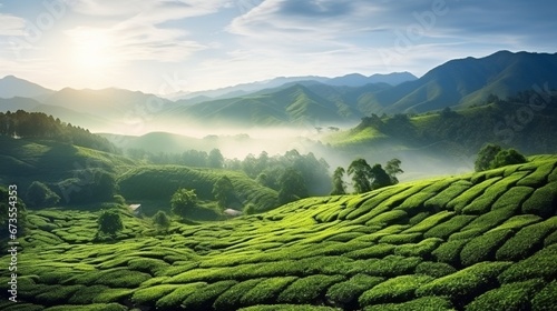 Mountains and hills landscape in the morning at Ciwidey, West Java, Indonesia. Tea plantation landscape, Greenery landscape. © eye-catching