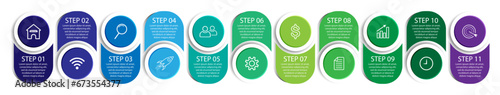 Business Infographic Design Template. minimal Timeline design with 11 steps, 
options and marketing icons. Vector linear infographic with eleven circle connected elements. 
Can be used for your presen