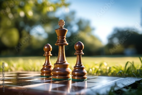 the chess pieces are placed on the grass outside in a park photo