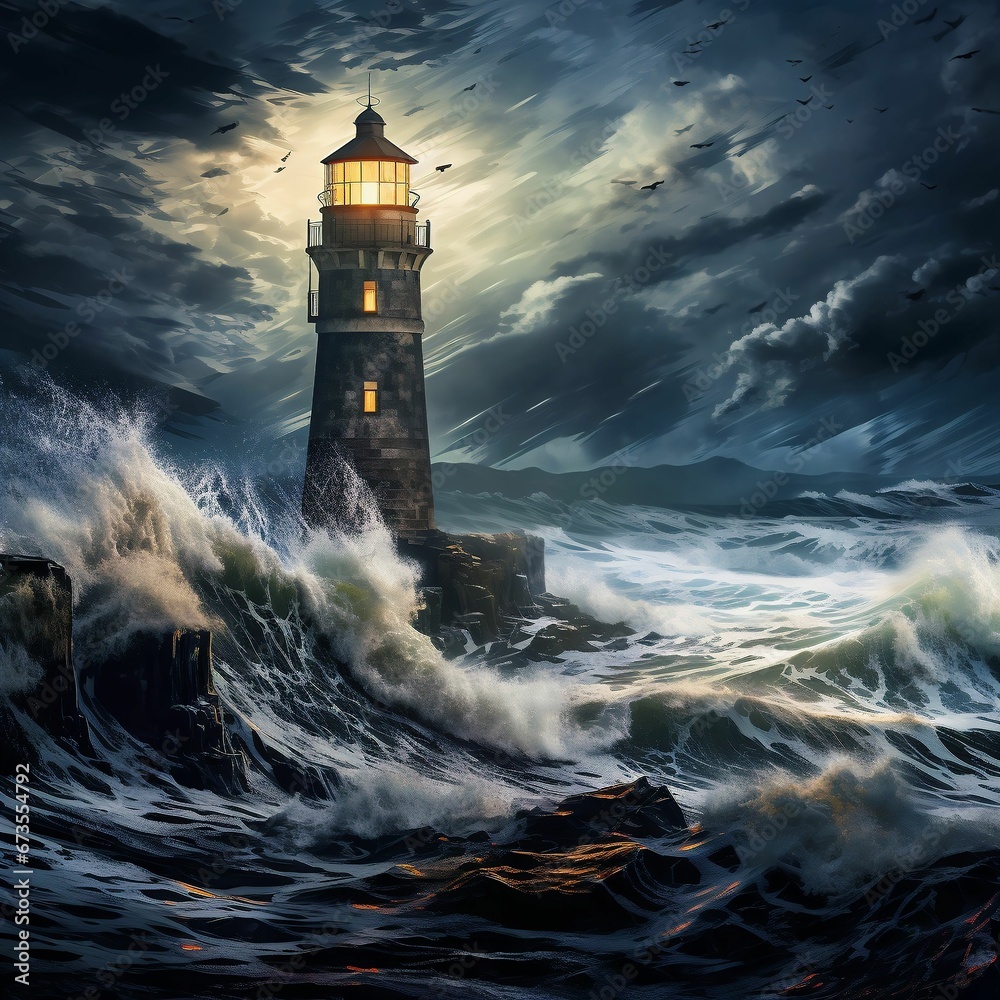 AI-generated illustration of a lighthouse standing on a small island during a storm