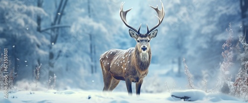 Noble deer male in winter snow forest. Artistic winter christmas landscape. © eye-catching