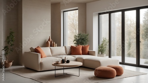 modern living room with warm color sofa with terracotta pillows  © Roselita