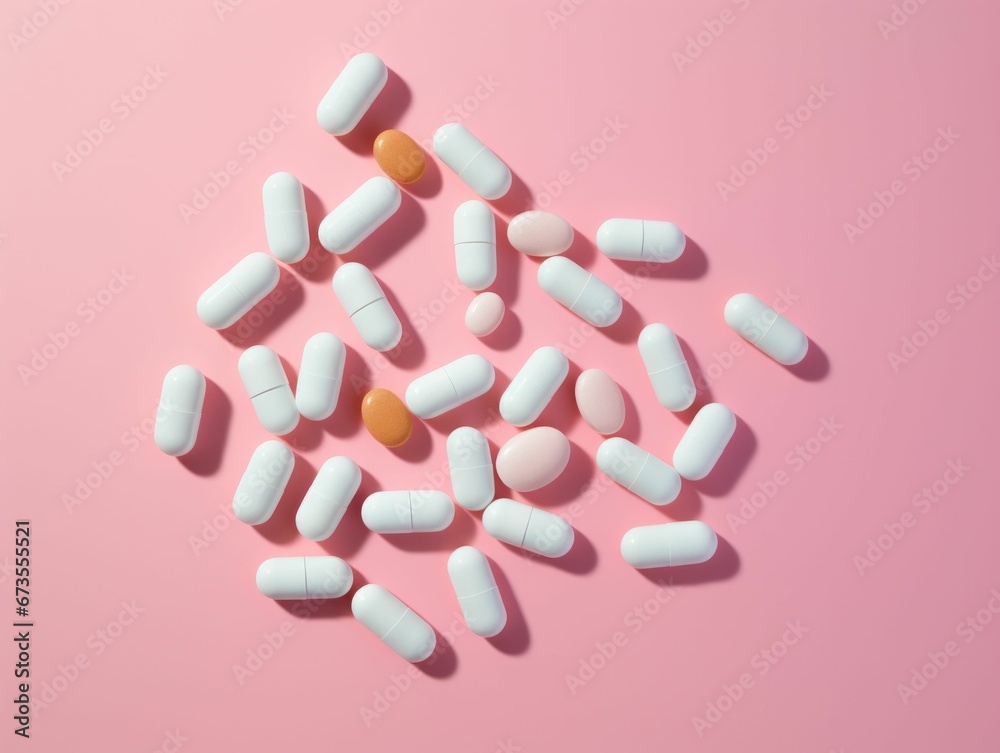 AI generated illustration of pharmaceutical pills isolated against a pink background AI generated illustration of pharmaceutical pills isolated against a pink background