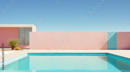 AI generated illustration of a pristine pool near a pastel pink building