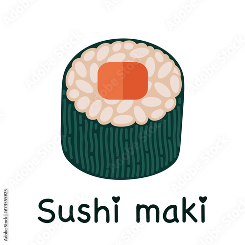 Maki sushi vector icon. Tasty Japanese roll with salmon or tuna, rice wrapped in nori seaweed. Fresh Asian snack, fish delicacy. Seafood isolated on white. Flat cartoon clipart for bar, print, poster