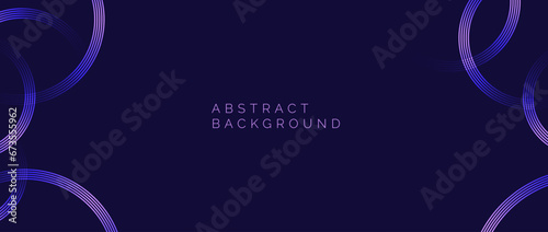 Glowing purple circles background. Abstract neon round pattern. Dark purple blue geometric curved lines design for cover, poster, banner, brochure, flyer, booklet, presentation, card. Vector wallpaper