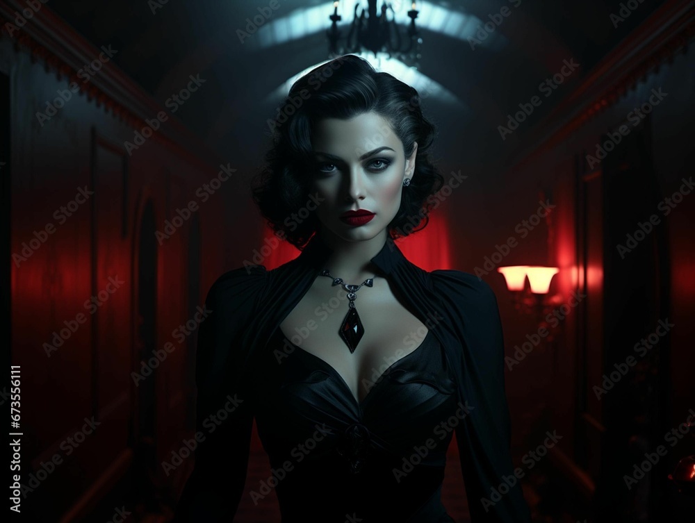 AI generated illustration of a young woman wearing a black dress with a choker necklace in the dark AI generated illustration of a young woman wearing a black dress with a choker necklace in the dark