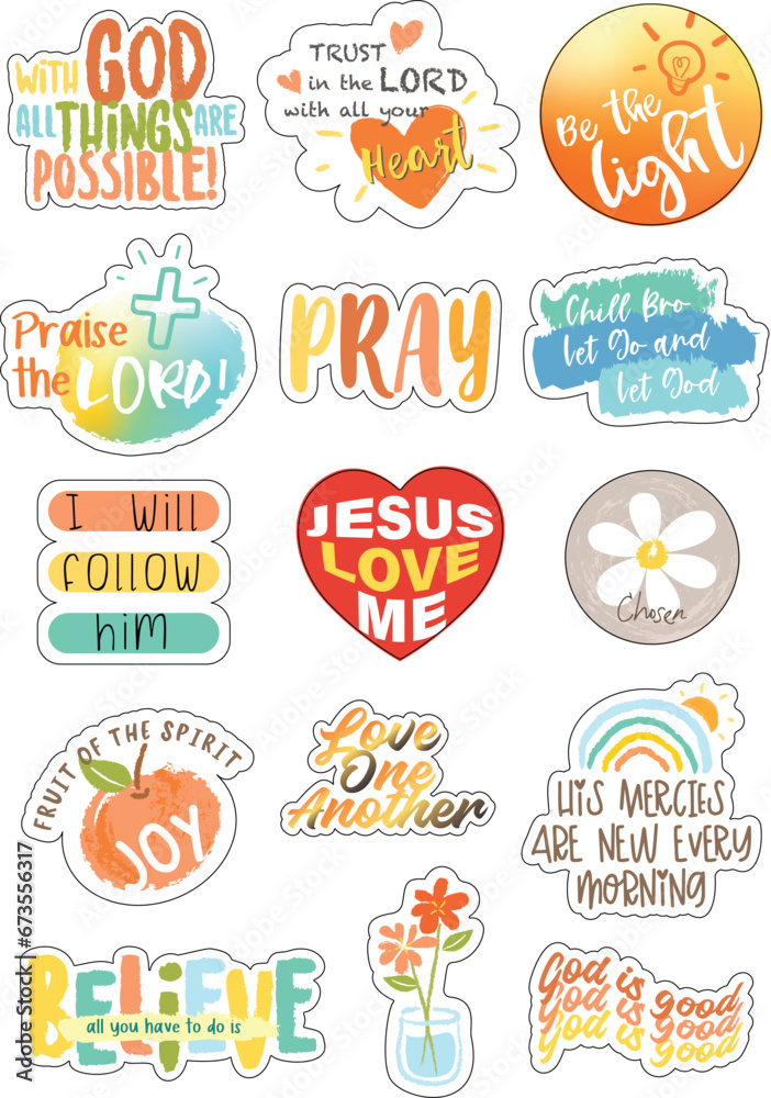 Vector set of Christian stickers. Typography, illustrations and symbols. Religious phrase and verses. - obrazy, fototapety, plakaty 