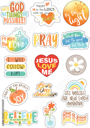 Vector set of Christian stickers. Typography, illustrations and symbols. Religious phrase and verses. photo