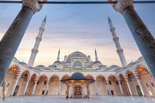 Sunset shot of Courtyard of Grand Camlia Mosque, or Buyuk Camlica Camii, a modern Islamic complex, built in 2019, located in Camlica hill in Uskudar district, Istanbul, Turkey