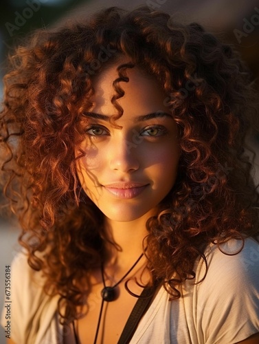 AI generated illustration of a young woman with long, curly hair and a necklace