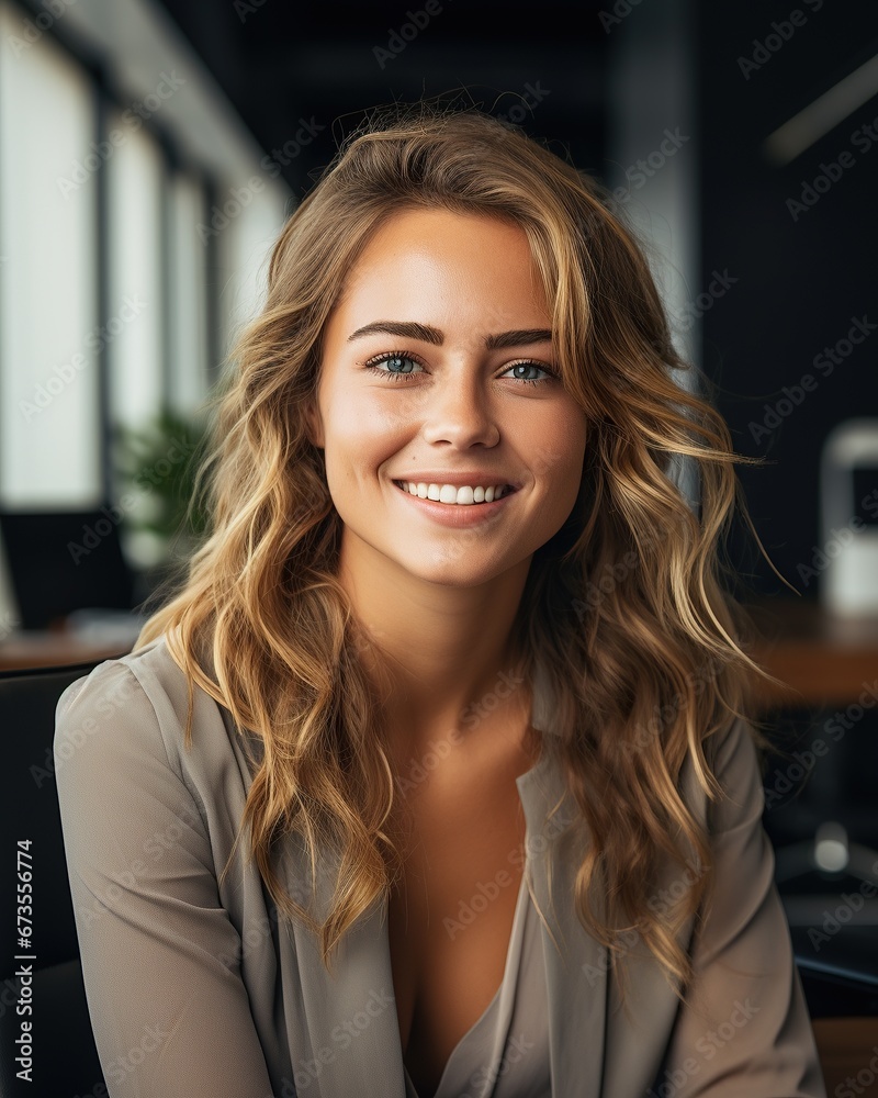 Potrait beautiful smiling business woman looking at camera, happy girl in creative office, successful career Potrait beautiful smiling business woman looking at camera, happy girl in creative office, successful career