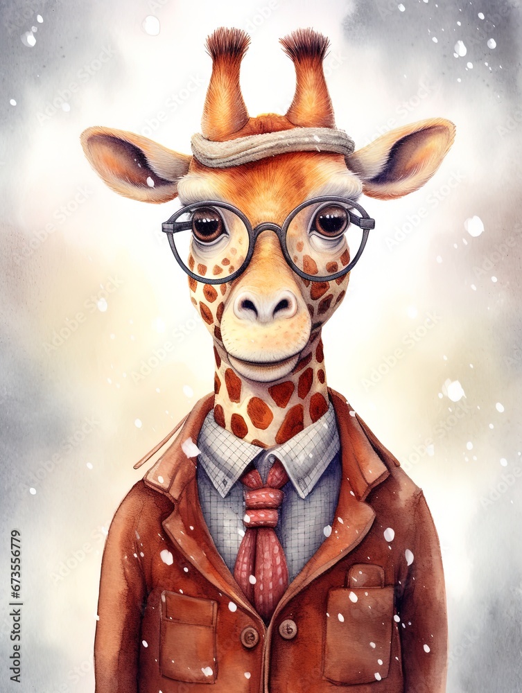 Fototapeta premium Vintage drawing of a cute giraffe dressed in a scarf and coat on a snowy day