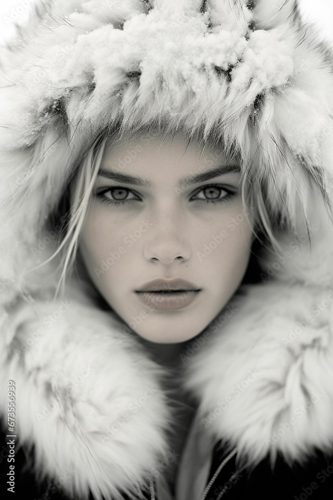 a black and white photo of a woman wearing a fur hood