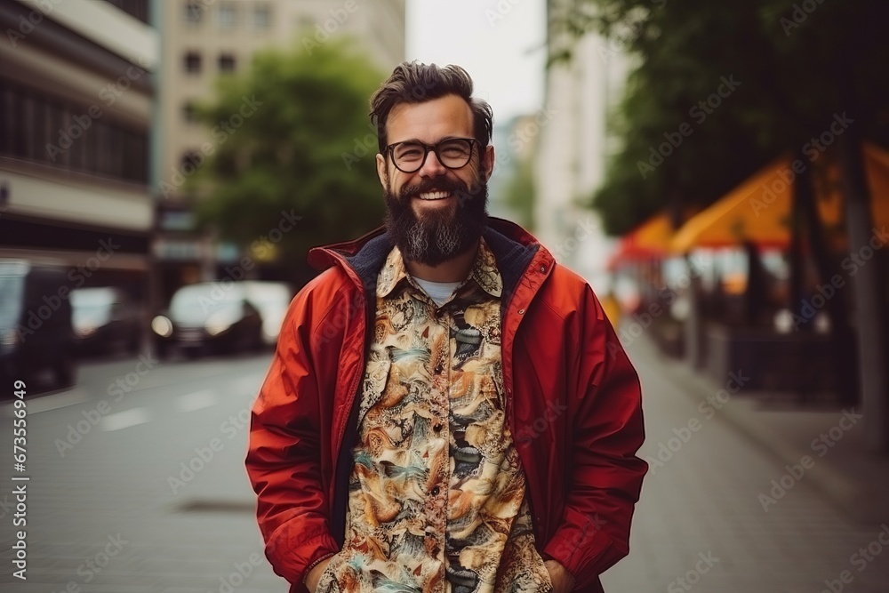 Portrait of a handsome bearded man in a red jacket and glasses Portrait of a handsome bearded man in a red jacket and glasses