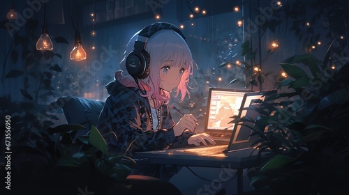 Anime-manga cartoon of a young woman with her computer listening to music.