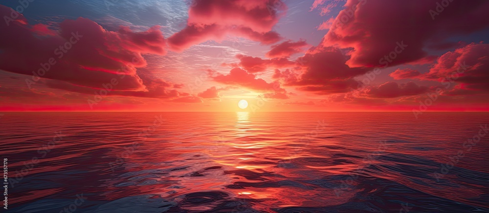 In the sea there is a sunset with a beautiful red glow touching the horizon