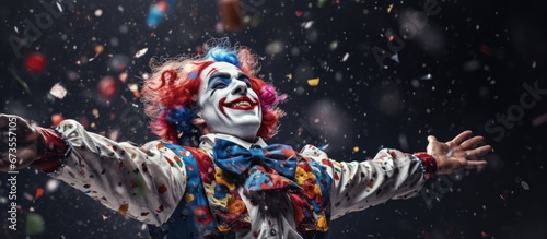 A joyful clown reveling in a shower of confetti