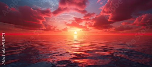 In the sea there is a sunset with a beautiful red glow touching the horizon