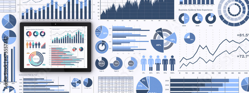 ビジネスデータを表示するタブレットと様々なグラフやチャート、ビジネスデータを分析・検討するイメージ