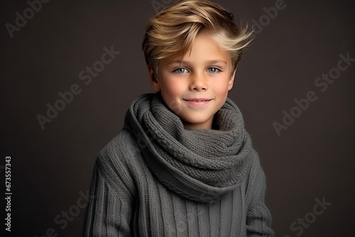 A portrait of a cute little boy wearing a scarf over dark background.