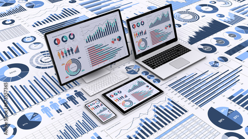 ビジネスデータを表示するPCと様々なグラフやチャート、ビジネスデータを分析・検討するイメージ photo