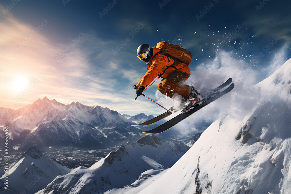 Skier performing spectacular jump on snow mountain, extreme sport