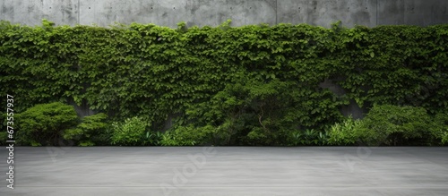 The floor made of concrete along with a wall of green bushes